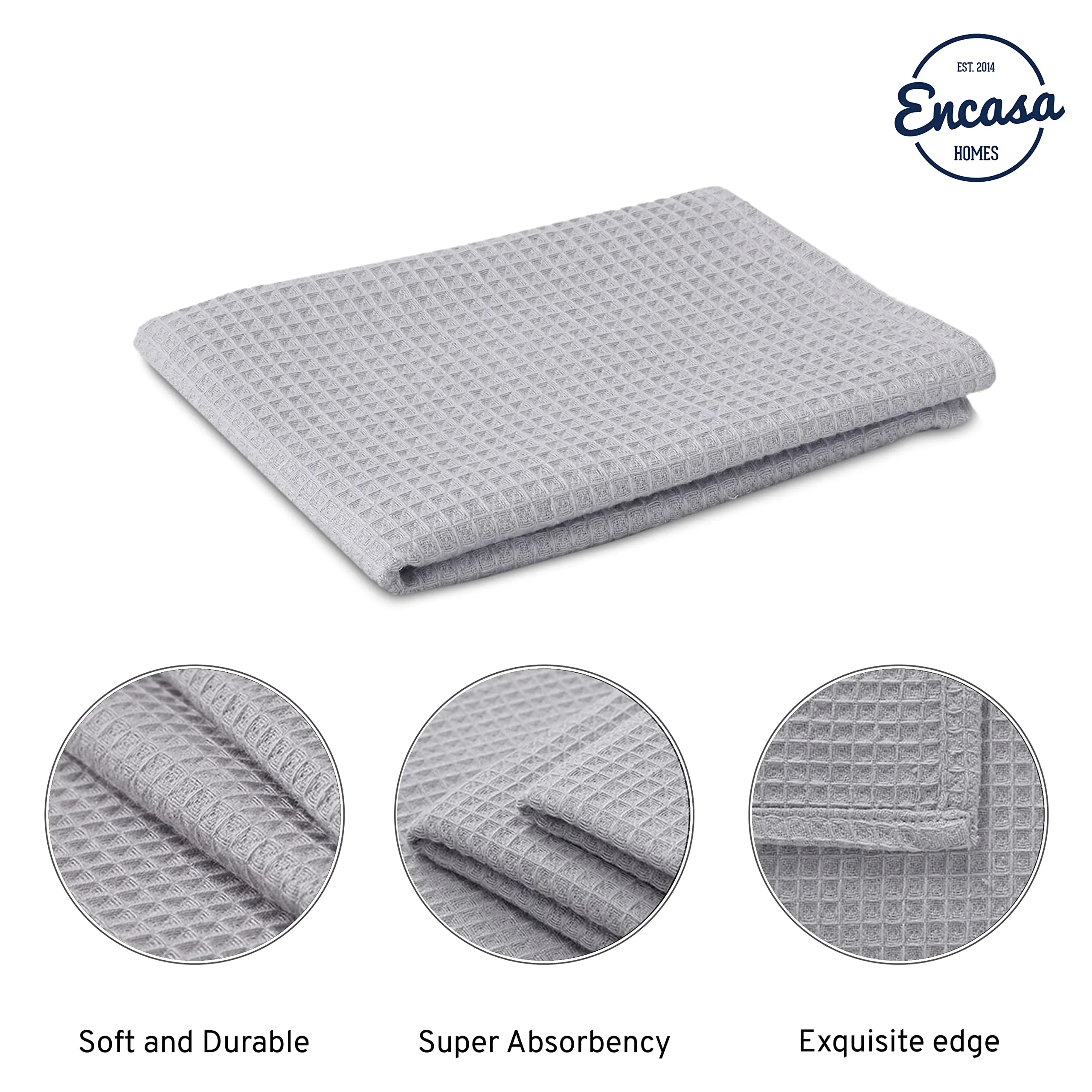 Encasa Homes Anti-Bacterial Kitchen Dish Towels X-Large 18 x 28 inch (4pc Set) Highly Absorbent Waffle Cloth Teatowel for Cleaning & Quick Drying of Plates & Glasses, Eco-Friendly Cotton - Light Grey